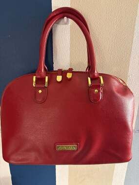 Joy & Iman Red Pebble Leather Dome Satchel with Crossbody Strap
